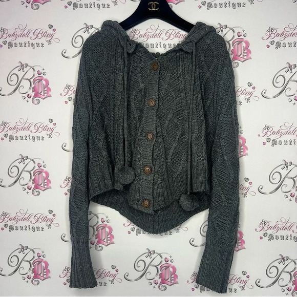 Only Pom Pom sweater knitted grey with fluff balls tie ups button up adorable - Picture 1 of 7